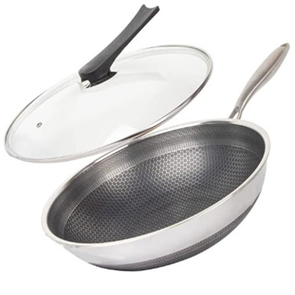 CATHYLIN:  12.5"/ 1 QT -  Nonstick Stainless Steel Wok Pan with Lid